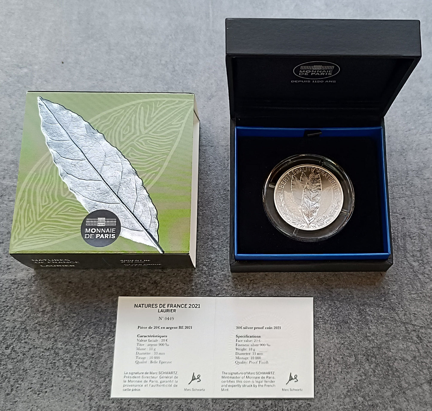 Monnaie de Paris 20 Euros 2021 BE Natures de France Laurier Argent dans son coffret