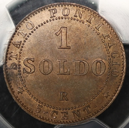 PAPAL STATES Pie IX (1846-1878) 1 soldo 5 Cent 1867-R year 21 small date PCGS Genuine