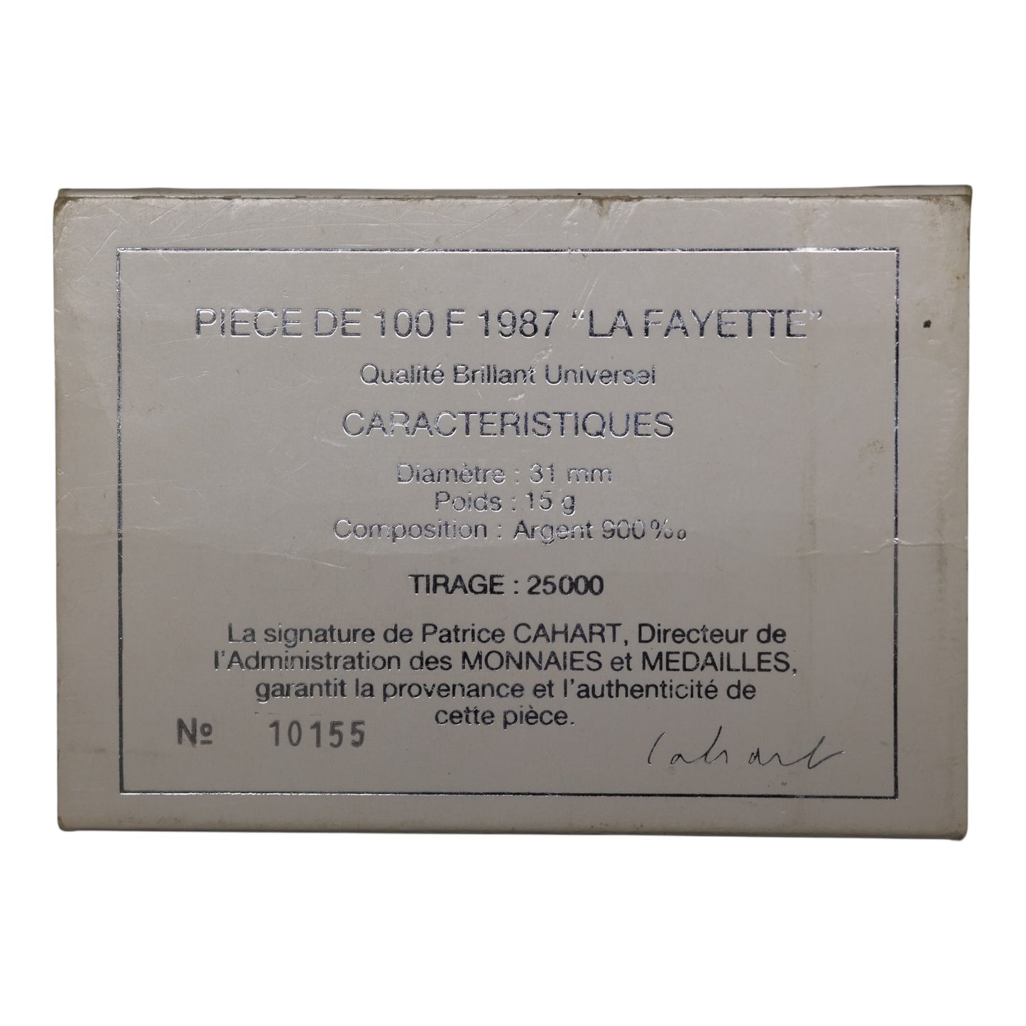 Monnaie de Paris 100 Francs BU 1987 La Fayette Argent 15 gr