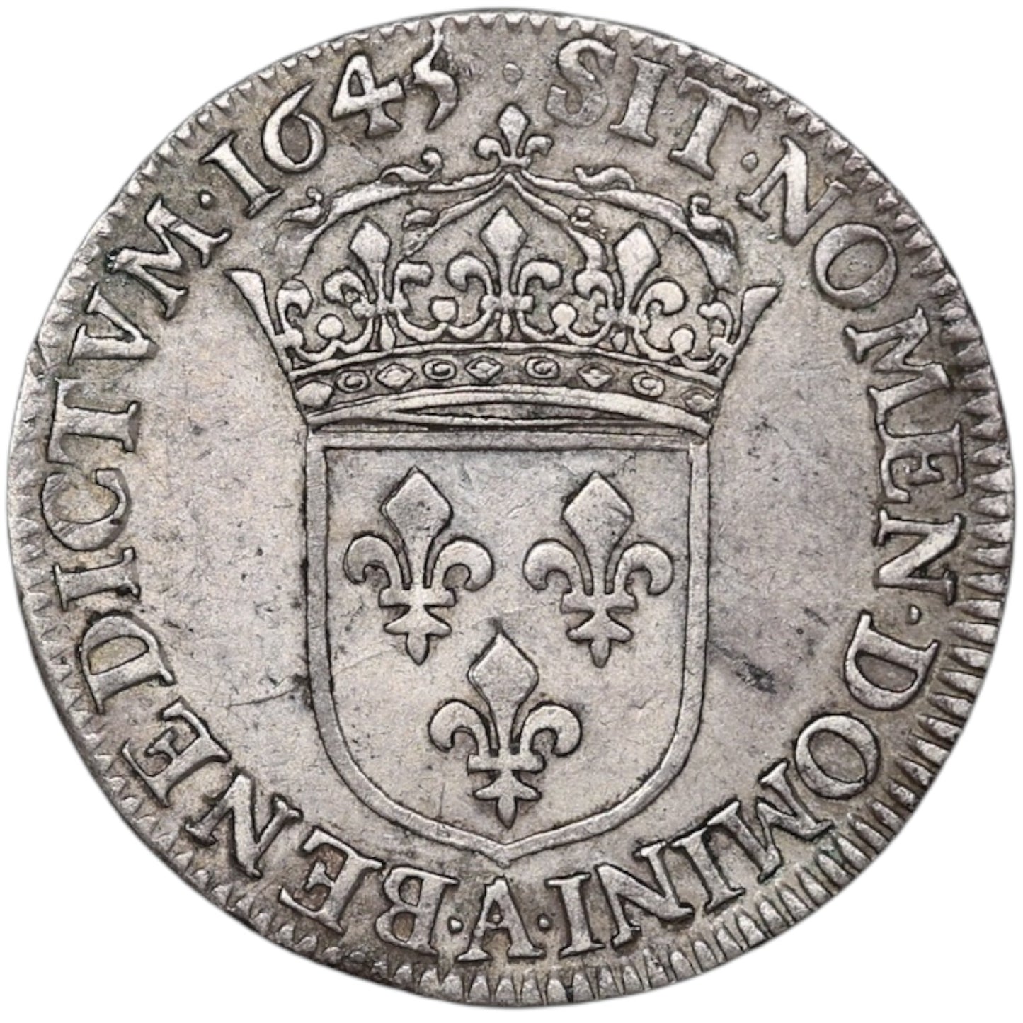Louis XIV (1643-1715) Quart d'Ecu à la mèche courte 1645 A Paris Argent 6.82 gr