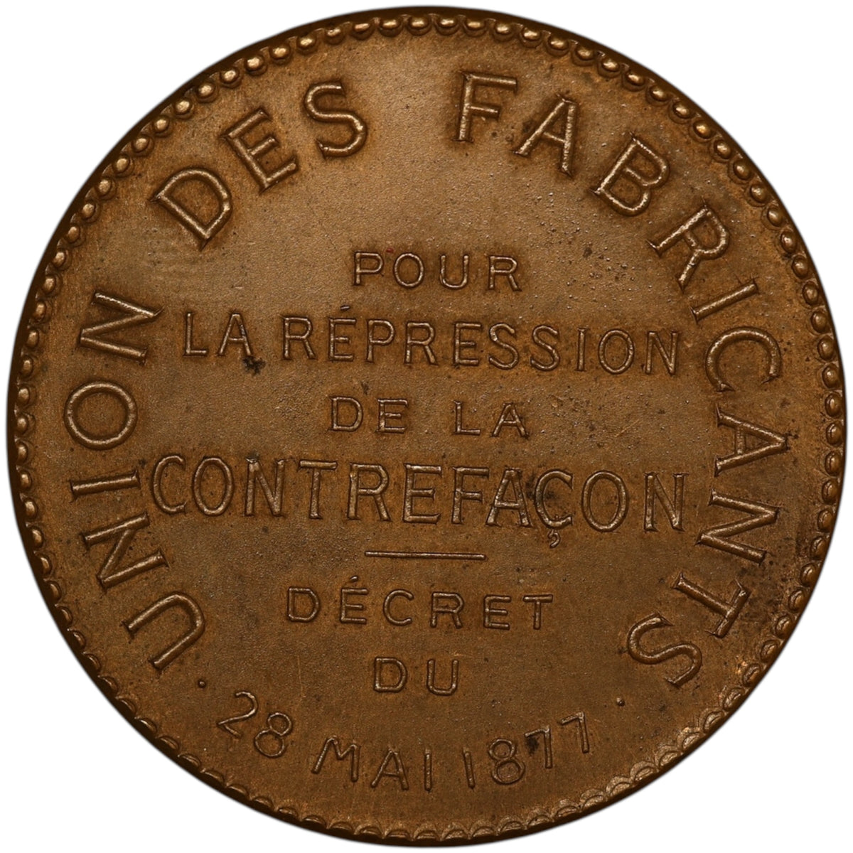 Union medal of manufacturers repression of counterfeiting 1877 bronze 20.75 gr