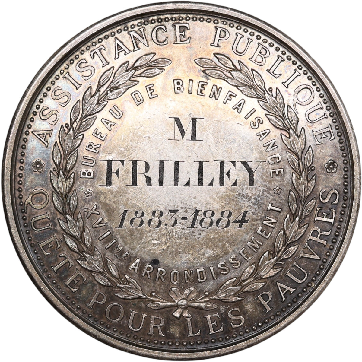 Medalla de plata Búsqueda de los pobres Oficina de Caridad XVII distrito París 1883 1884 42 mm 36,14 gr