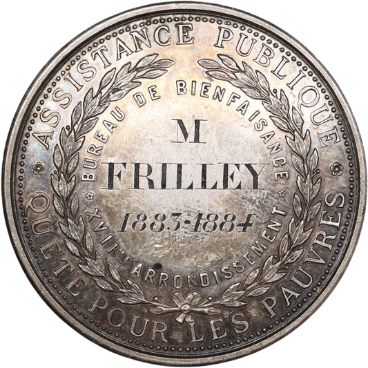 Medalla de plata Búsqueda de los pobres Oficina de Caridad XVII distrito París 1883 1884 42 mm 36,14 gr