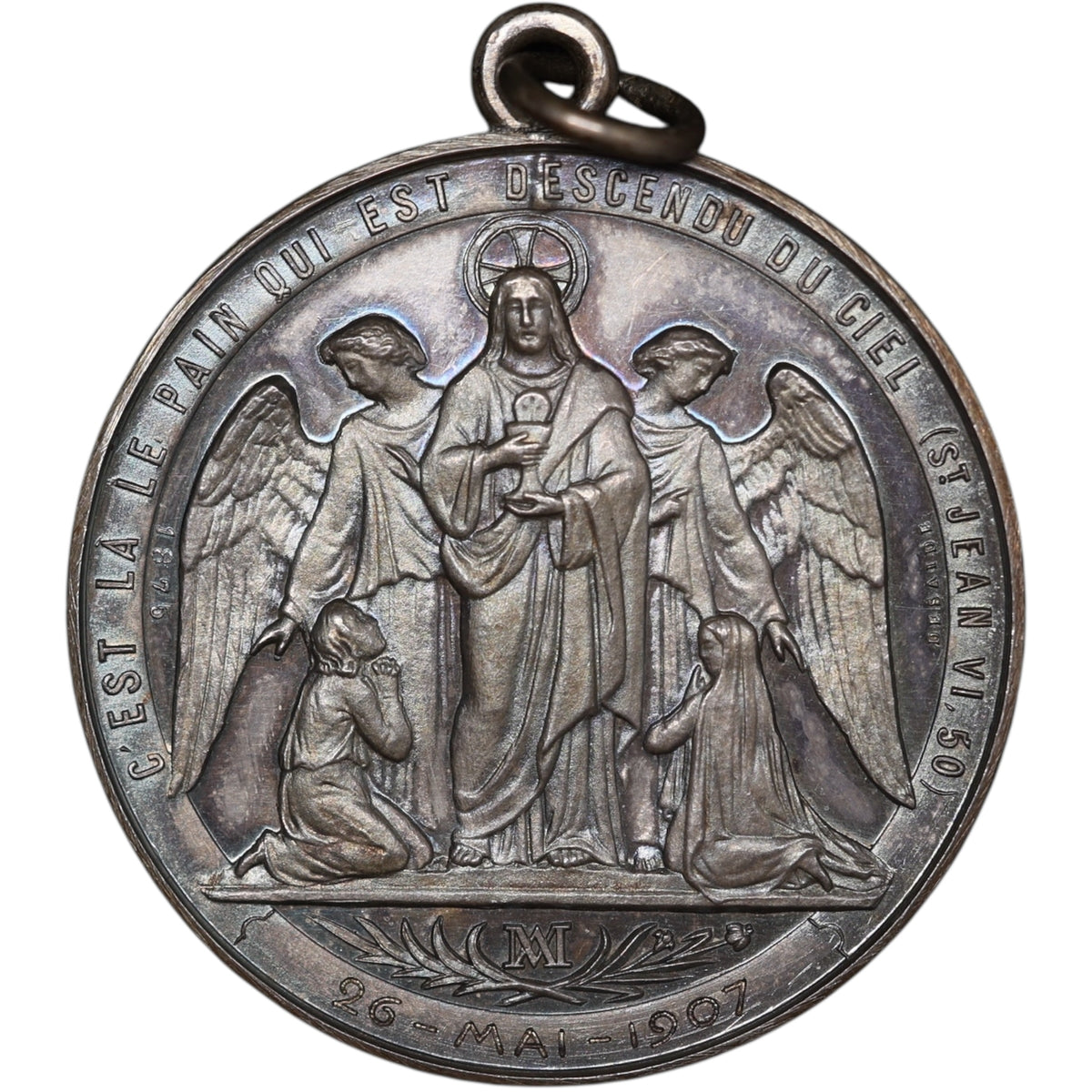 Médaille en argent. Baptême Août 1896. André Bertrand. Communion 26 Mai 1907. 22 Gr