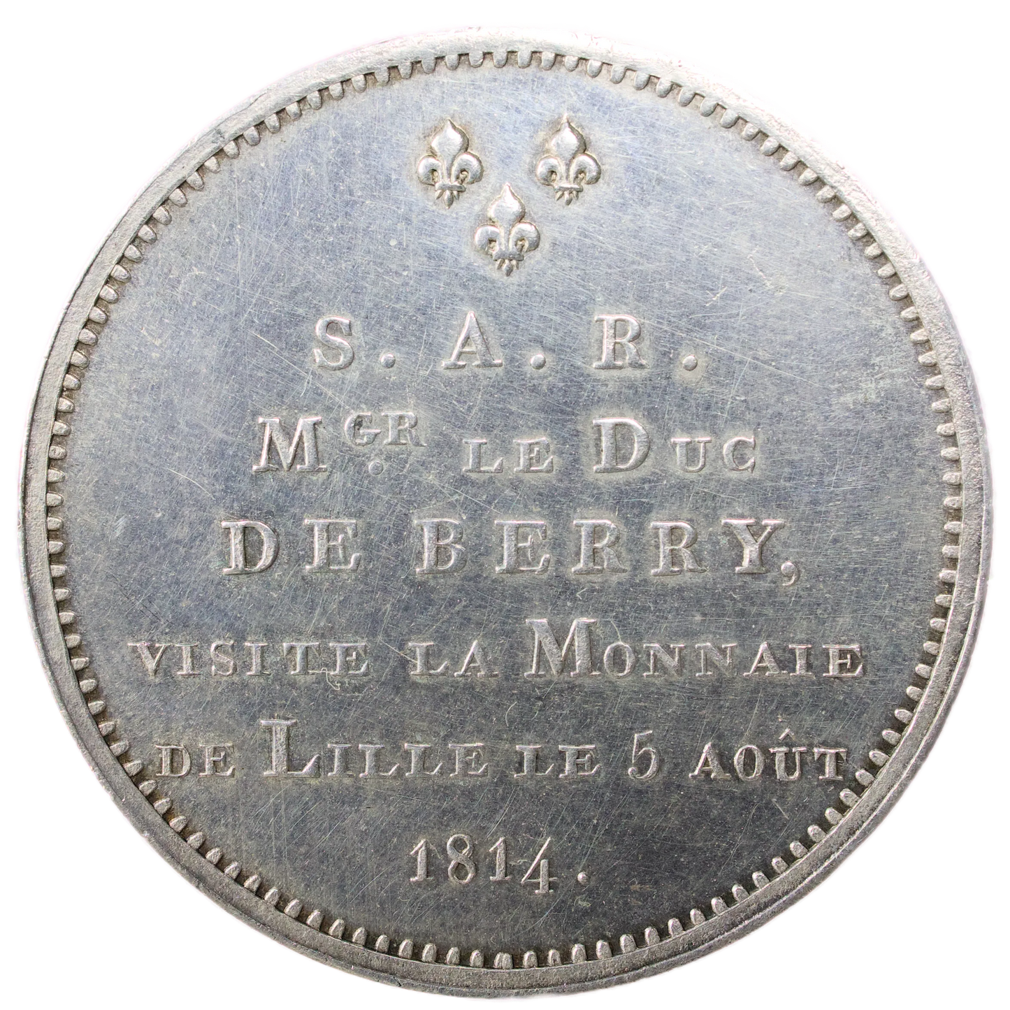 Monnaie de visite Louis XVIII (1814-1824) Duc de Berry Module de 5 Francs 1814 Lille Argent 25.37 gr
