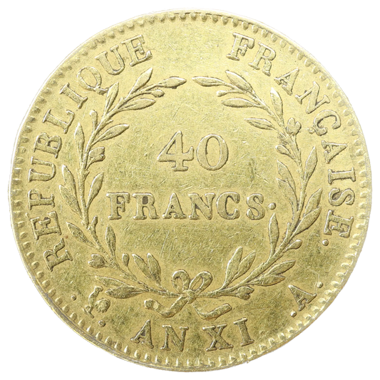 Consulat Bonaparte Premier Consul (1799-1804) 40 Francs Or An XI A Paris 12.85 gr