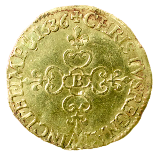 Louis XIII (1610-1643) Écu d'or frappe au marteau 1636 B Rouen Or 3.35 gr