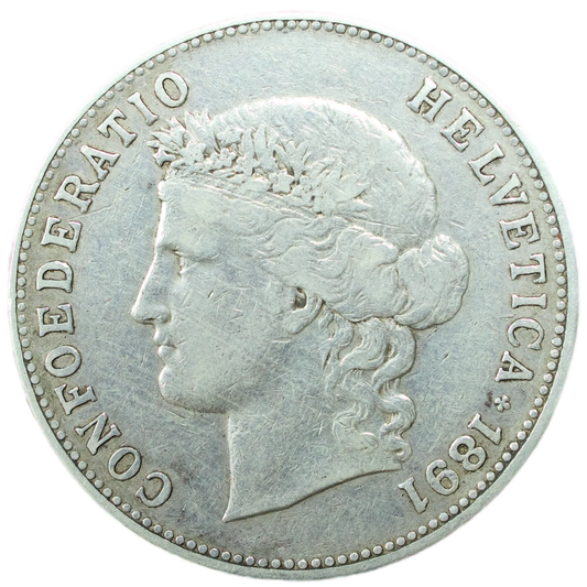 🇨🇭 Suisse 5 Francs Tête d'Helvetia Confoederatio Helvetica 1891 argent 24.89 gr