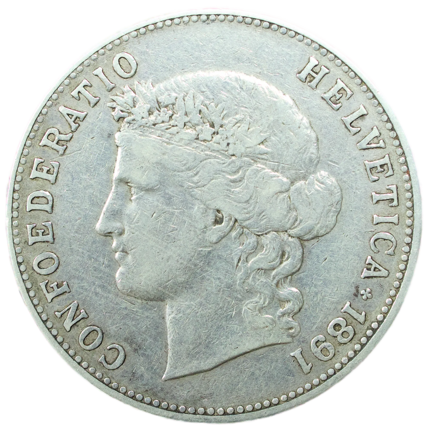 🇨🇭 Suisse 5 Francs Tête d'Helvetia Confoederatio Helvetica 1891 argent 24.89 gr