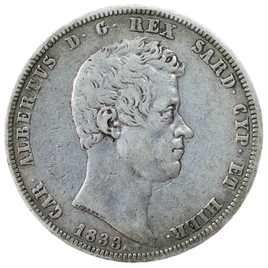 🇮🇹 Italie Sardaigne Charles Albert (1831-1849) 5 Lires 1833 P Ancre argent 24.82 gr