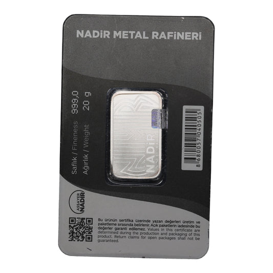 Lingotin de 20 grammes en argent sous blister Nadir Metal Rafineri