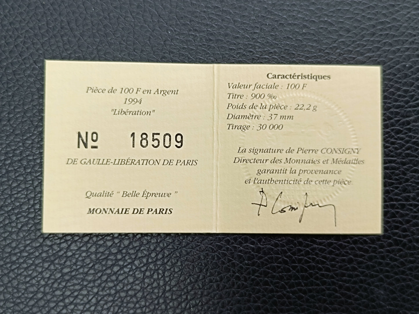 Monnaie de Paris 100 Francs 1994 De Gaulle Libération de Paris. Coffret BE Argent 22.2 gr