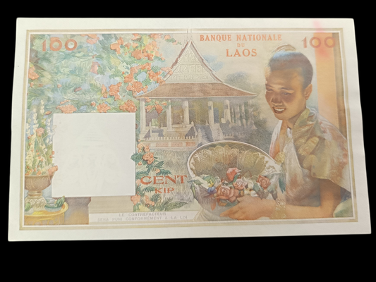 Laos Billet 100 Kip 1957. Presque neuf. Légère tâches rose sur le haut.