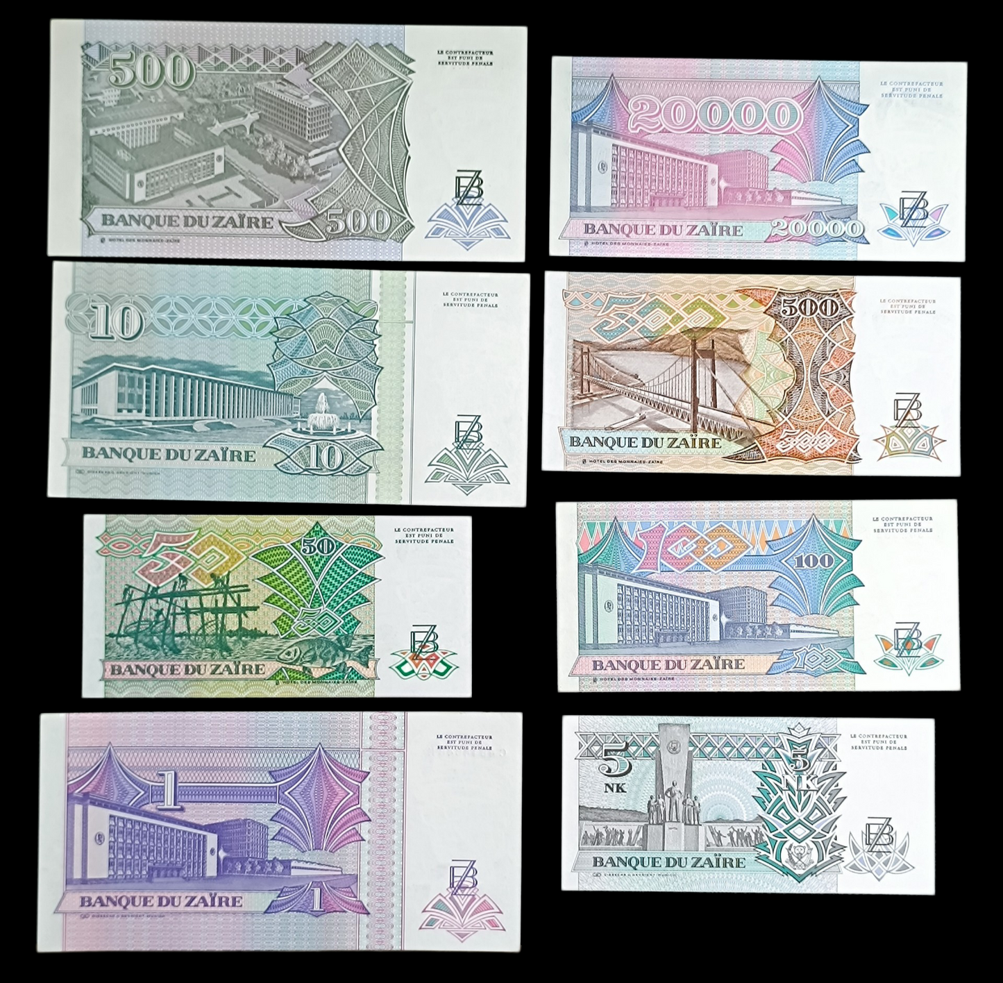 Zaïre. Lot de 8 billets neufs. Zaïres, nouveaux Zaïres et nouveaux Makuta