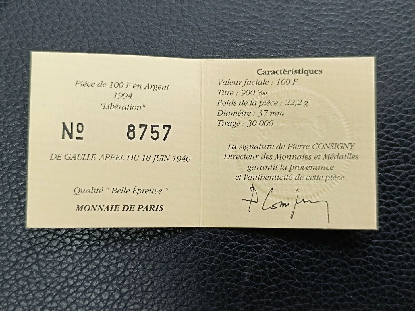 Monnaie de Paris 100 Francs 1994 Charles de Gaulle Libération Appel du 18 Juin. Coffret BE Argent 22.2 gr