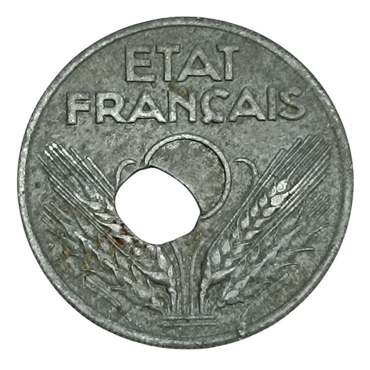 Fauté 20 Centimes TYPE 20 1943 zinc 3.11 gr Trou décentré