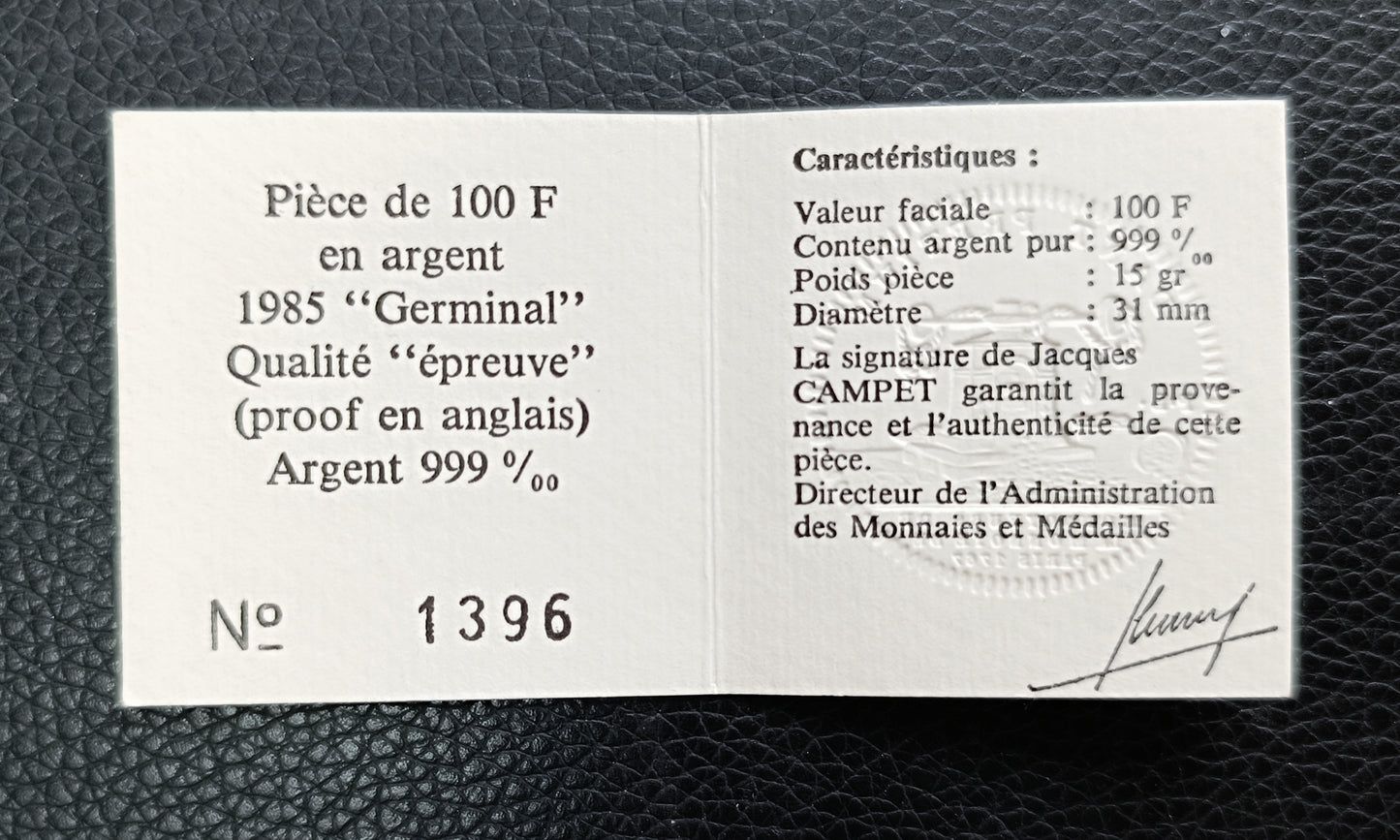 Monnaie de Paris 100 Francs Émile Zola Germinal Coffret BE Argent 15 gr