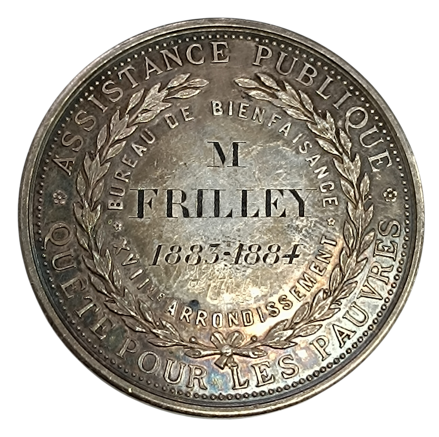 Médaille Argent Quête pour les pauvres Bureau de bienfaisance XVIIème arrondissement Paris 1883 1884 42 mm 36.14 gr