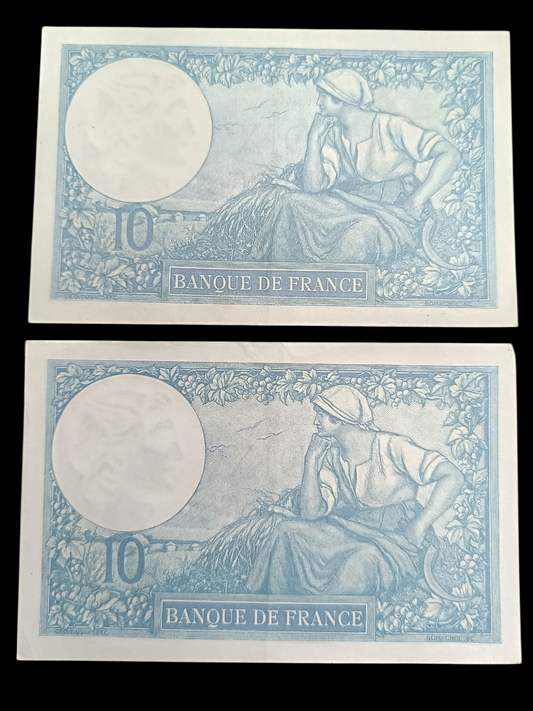 Lot de 2 billets numéros consécutifs 10 Francs Minerve 21-9-1939. État SUP/SPL