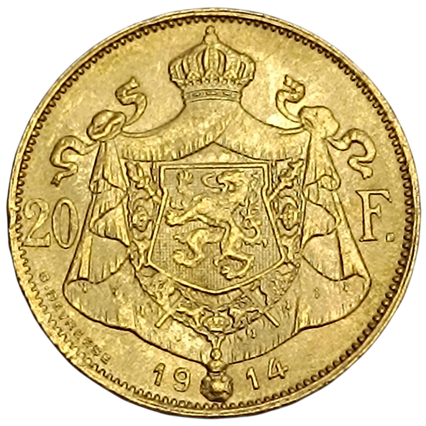 Belgium Albert i 20 francs or 1914 "King of the Belgians" 6.46 gr sup