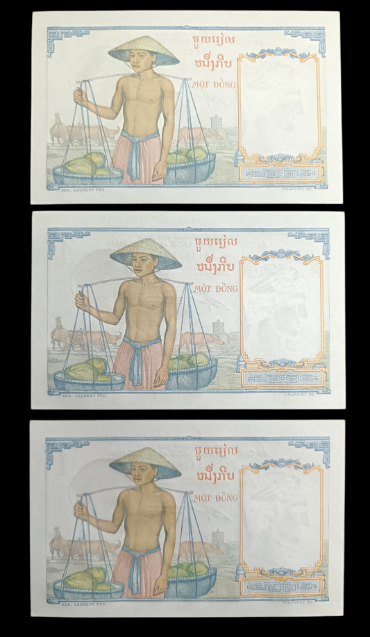 Indochine lot de 3 billets d'une Piastre 1953. Numéros consécutifs. État neuf