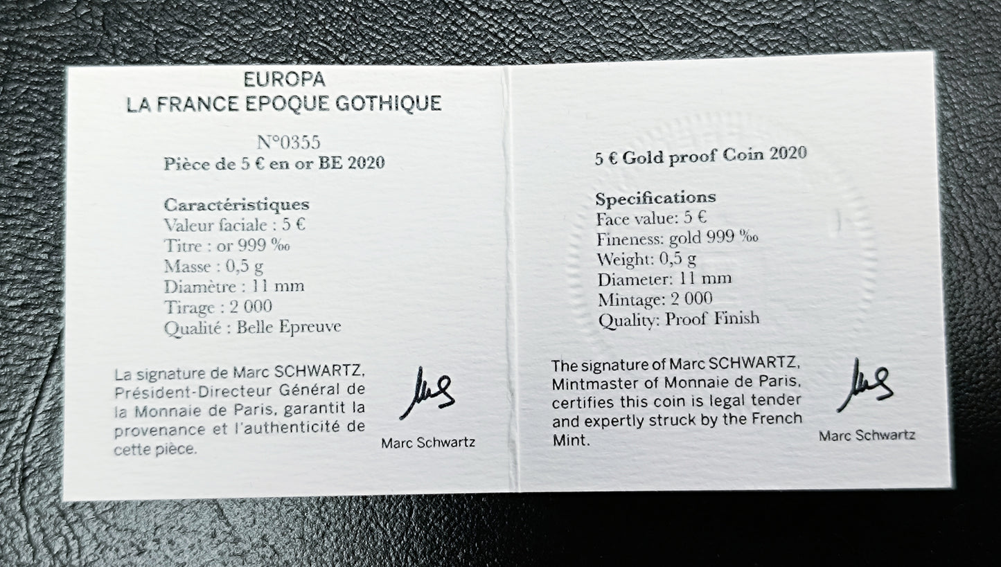 France 5 euros 2020 Europa La France Epoque Gothique Coffret BE Or 0.5 gr .999 11 mm