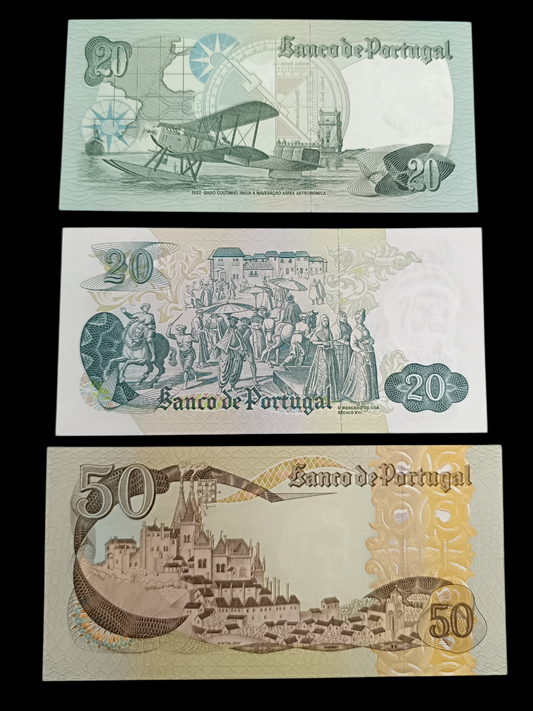 Portugal. Lot de 3 billets neufs. 20 escudos 1971 et 1978. 50 escudos 1980.