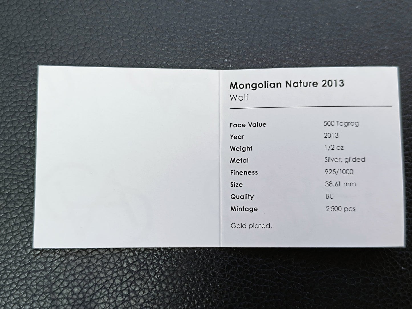 Mongolie 500 Togrog 2013 Wolf Mongolian Nature Argent plaqué Or 1/2 oz