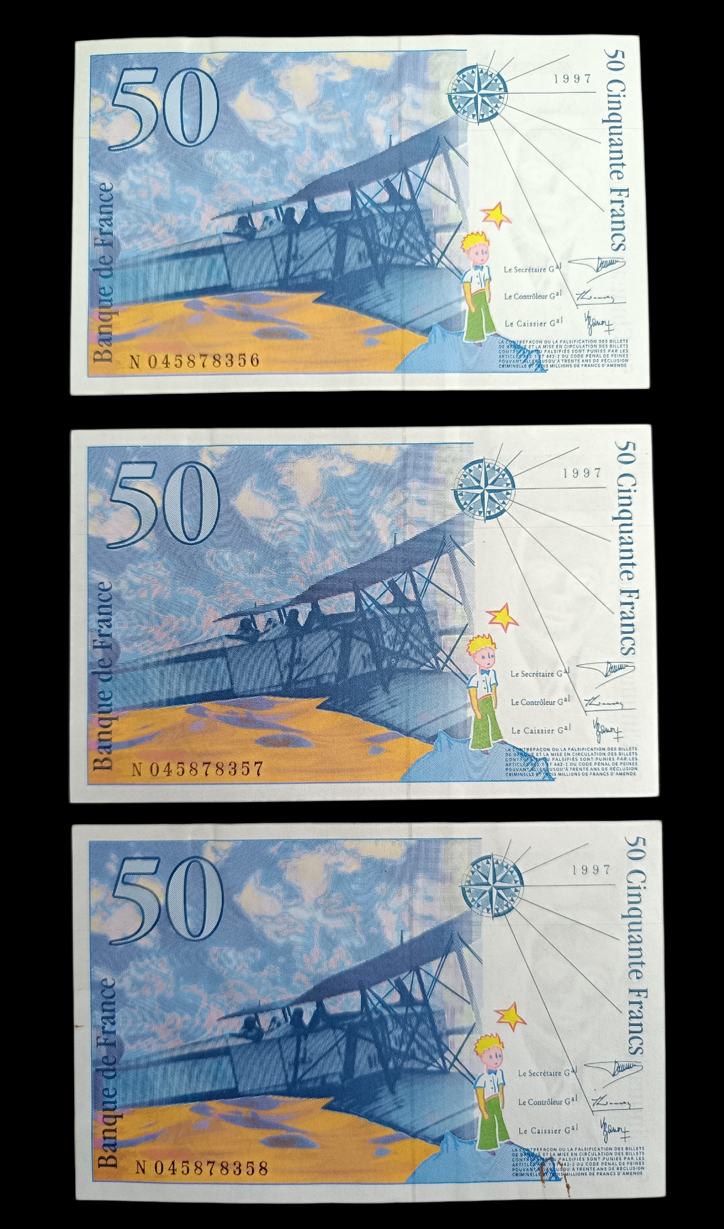 Lot de 3 billets numéros consécutifs 50 Francs Saint-Exupéry 1997. État SUP/SPL