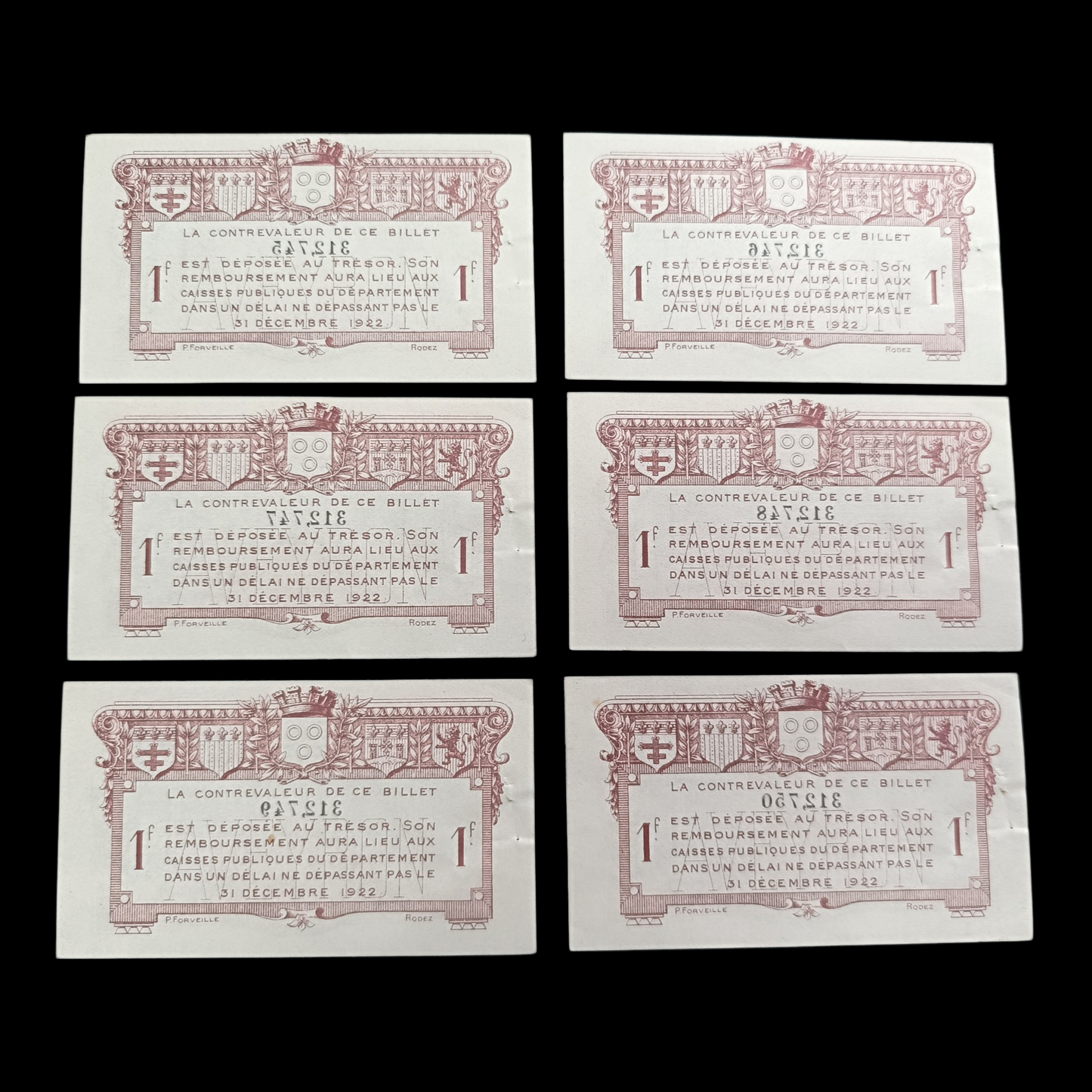 Chambre de commerce de l'Aveyron. Lot de 6 billets de 1 Franc. Numéros consécutifs