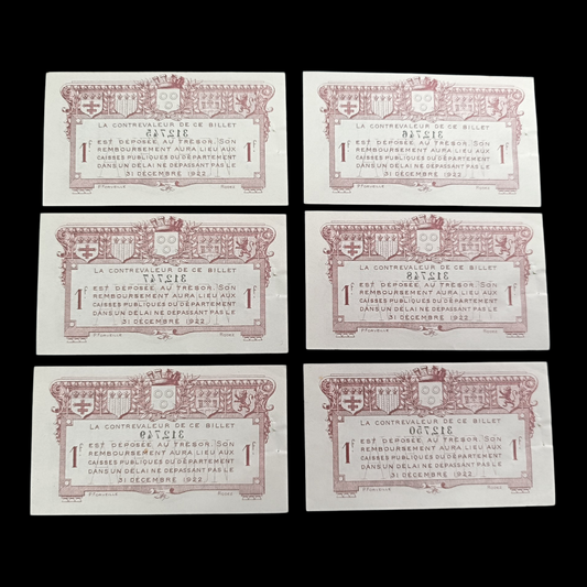 Chambre de commerce de l'Aveyron. Lot de 6 billets de 1 Franc. Numéros consécutifs