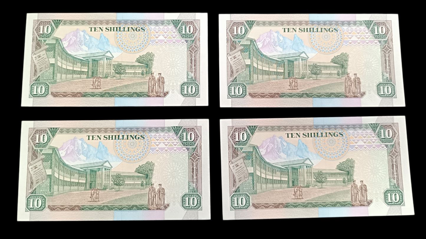 Kenya lot de 4 Billets de 10 shillings 1989. Numéros consécutifs. État neuf