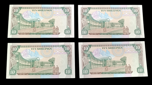 Kenya lot de 4 Billets de 10 shillings 1989. Numéros consécutifs. État neuf