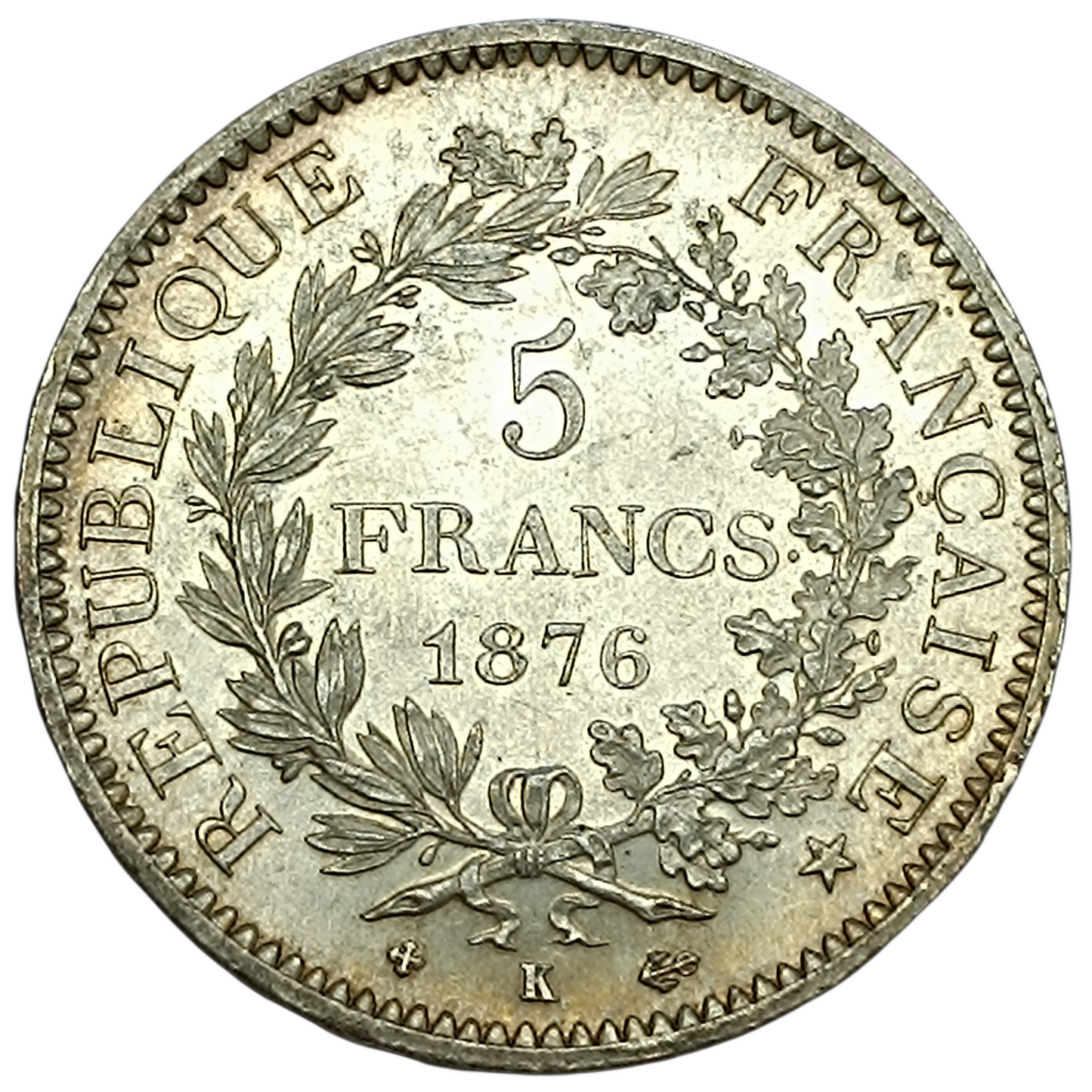 Troisième République 5 Francs Hercule 1876 K Bordeaux Argent 25.00 gr