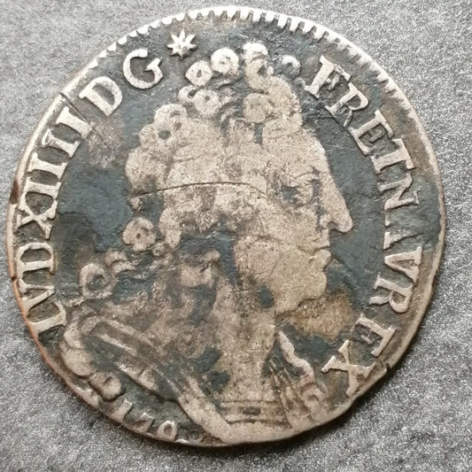 Louis XIV (1643-1715) 20 sols aux insignes 1708 H La Rochelle 5.74 gr L4L 333