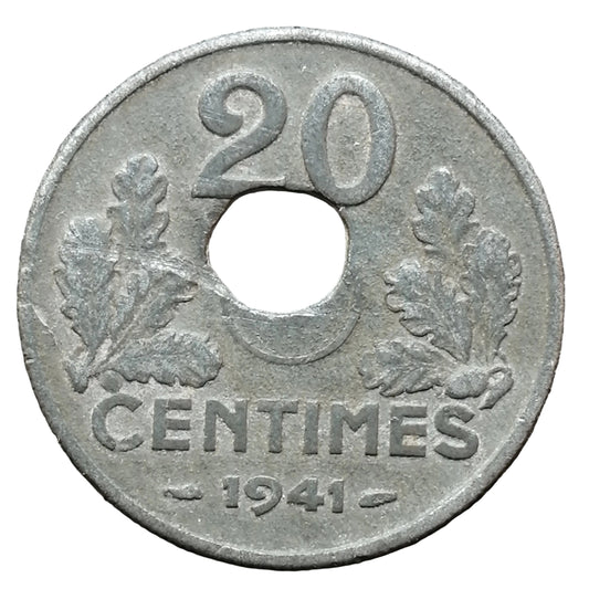État français (1940-1944) 20 Centimes 1941 Zinc fautée trou décentré 3.55 gr