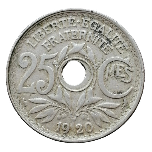France IIIe République 25 Centimes 1920 Lindauer fautée trou plus petit 4.93 gr