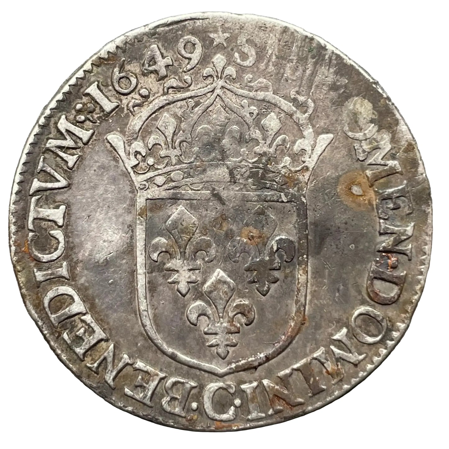 Louis XIV (1643-1715) 1/2 écu à la mèche longue 1649 C Saint Lô 13,45 gr