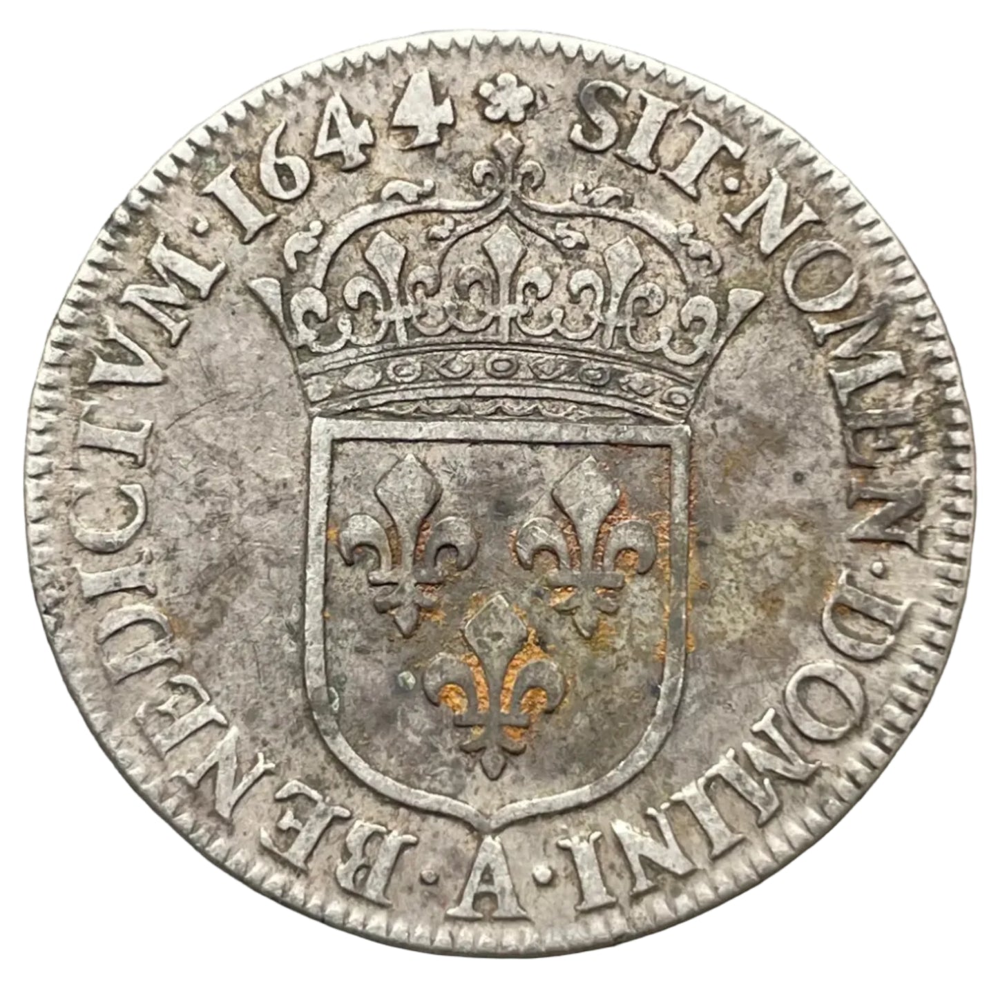 Louis XIV (1643-1715) 1/4 d'écu de Briot à la mèche courte 1644 A Paris Rose 6,75 gr