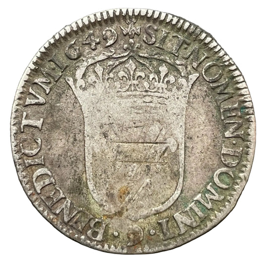 Louis XIV (1643-1715) 1/4 écu à la mèche longue 1649 9 Rennes 6,61 gr