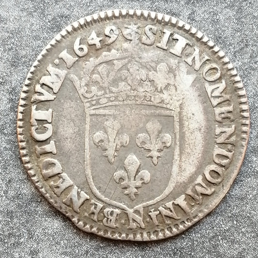 Louis XIV (1643-1715) 1/12 écu à la mèche longue 1649 N Montpellier 2.16 gr