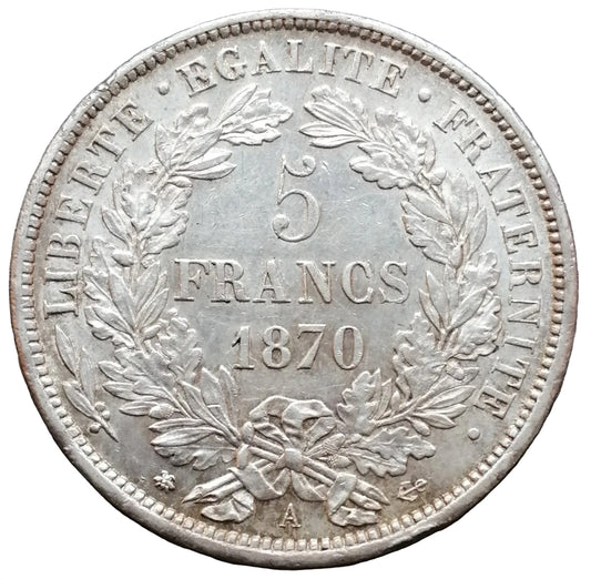 Cérès avec légende 5 francs 1870 Paris Argent - 25.07 gr - SUP