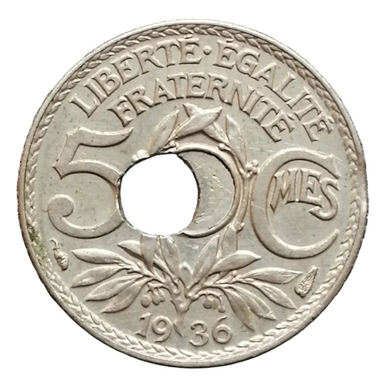 France IIIe République 5 Centimes 1936 Lindauer fautée trou décentré 1.95 gr