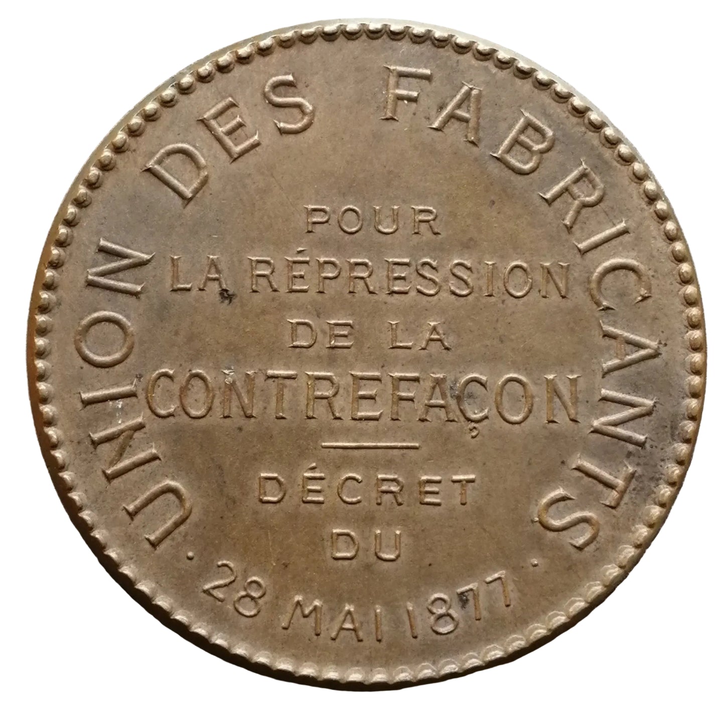 Union medal of manufacturers repression of counterfeiting 1877 bronze 20.75 gr