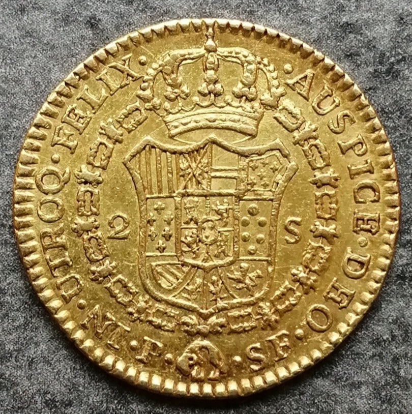 Colombie 2 Escudos 1777 P Popayan Or Charles III 6.75 gr