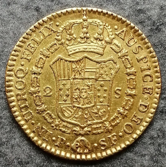 Colombie 2 Escudos 1777 P Popayan Or Charles III 6.75 gr