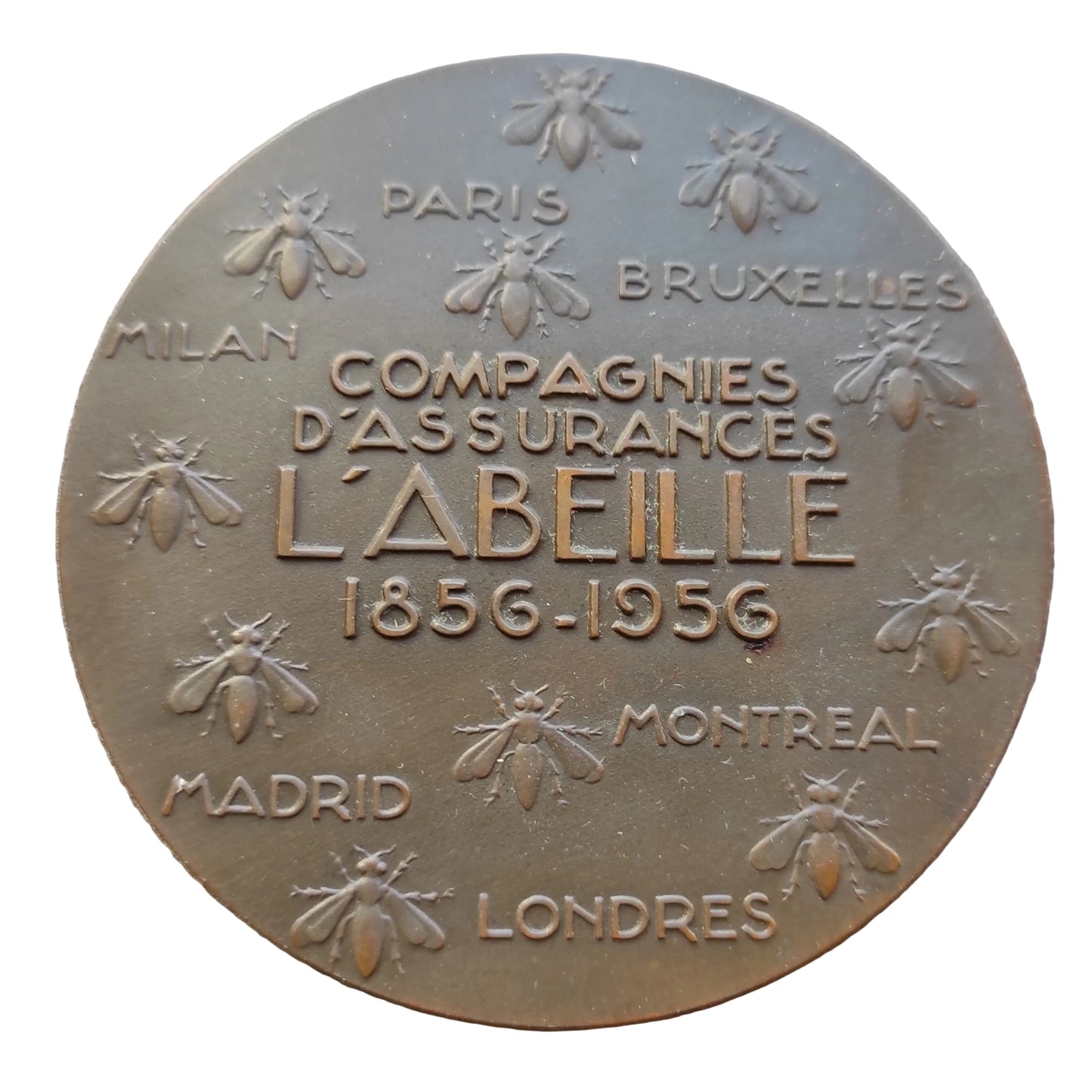 Médaille Compagnies d'assurances l'Abeille 1856-1956 en bronze par Raymond Delamarre 150.76 gr 68 mm