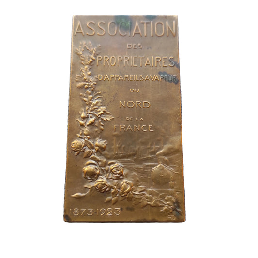 Plaquette Association des propriétaires d'Appareils vapeur du Nord de la France 1873-1923 Bronze 34 x 66 mm 50.7 gr