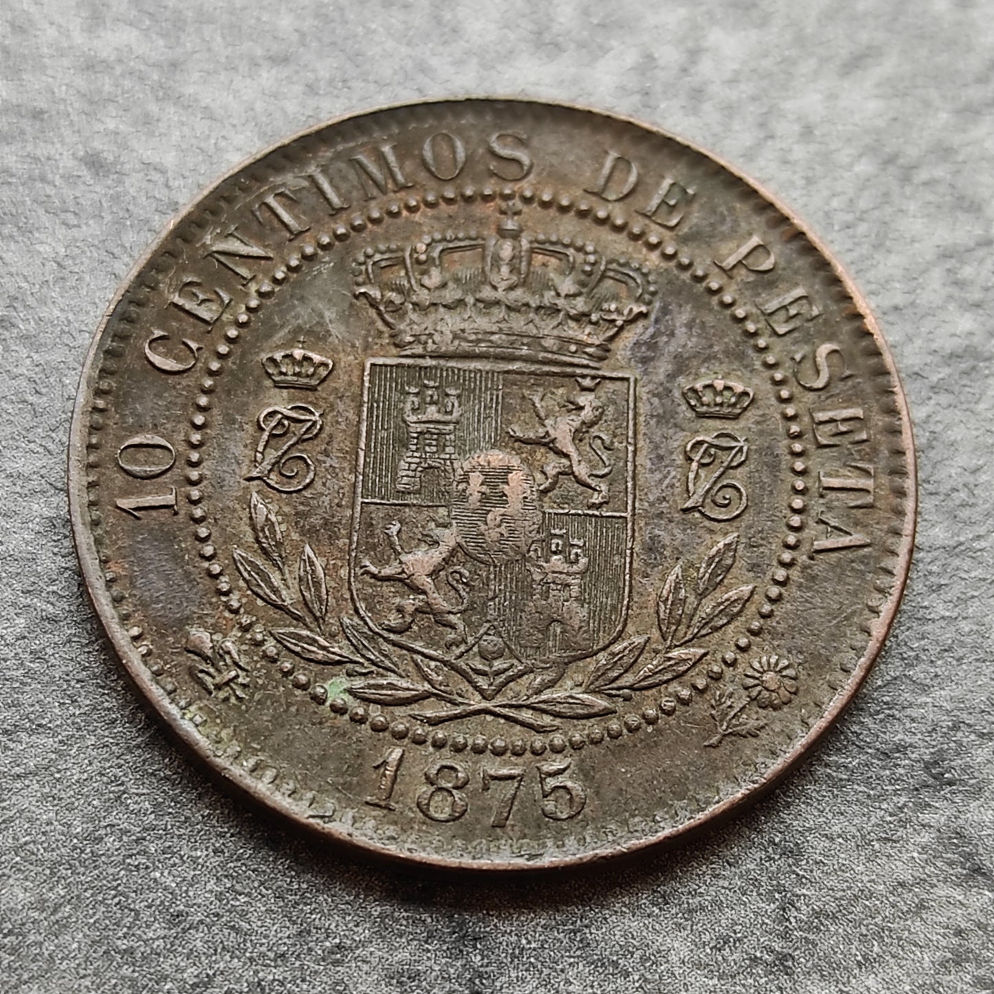 Espagne 10 Centimos 1875 Carlos VII 9.89 gr