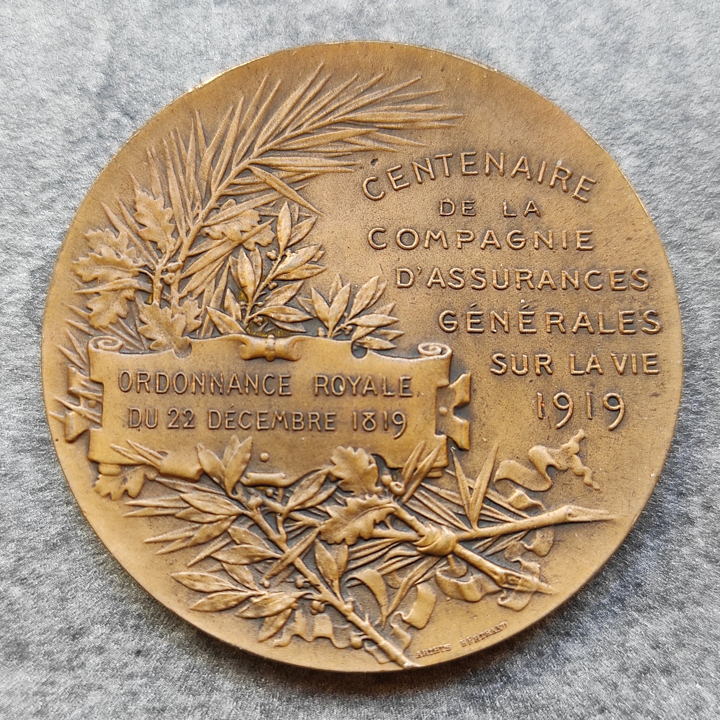 Médaille Centenaire de la Compagnie d'assurances générales sur la vie 1919 50 mm 50.52 gr